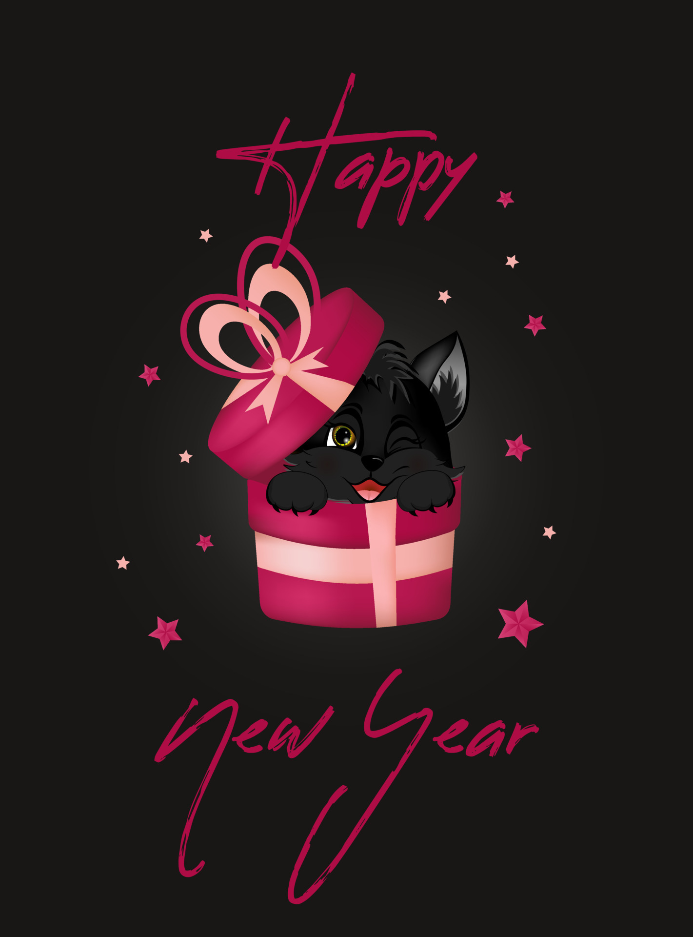 greeting-postcard-happy-new-year-2023-with-black-cat-sitting-in-the-gift-box-free-vector